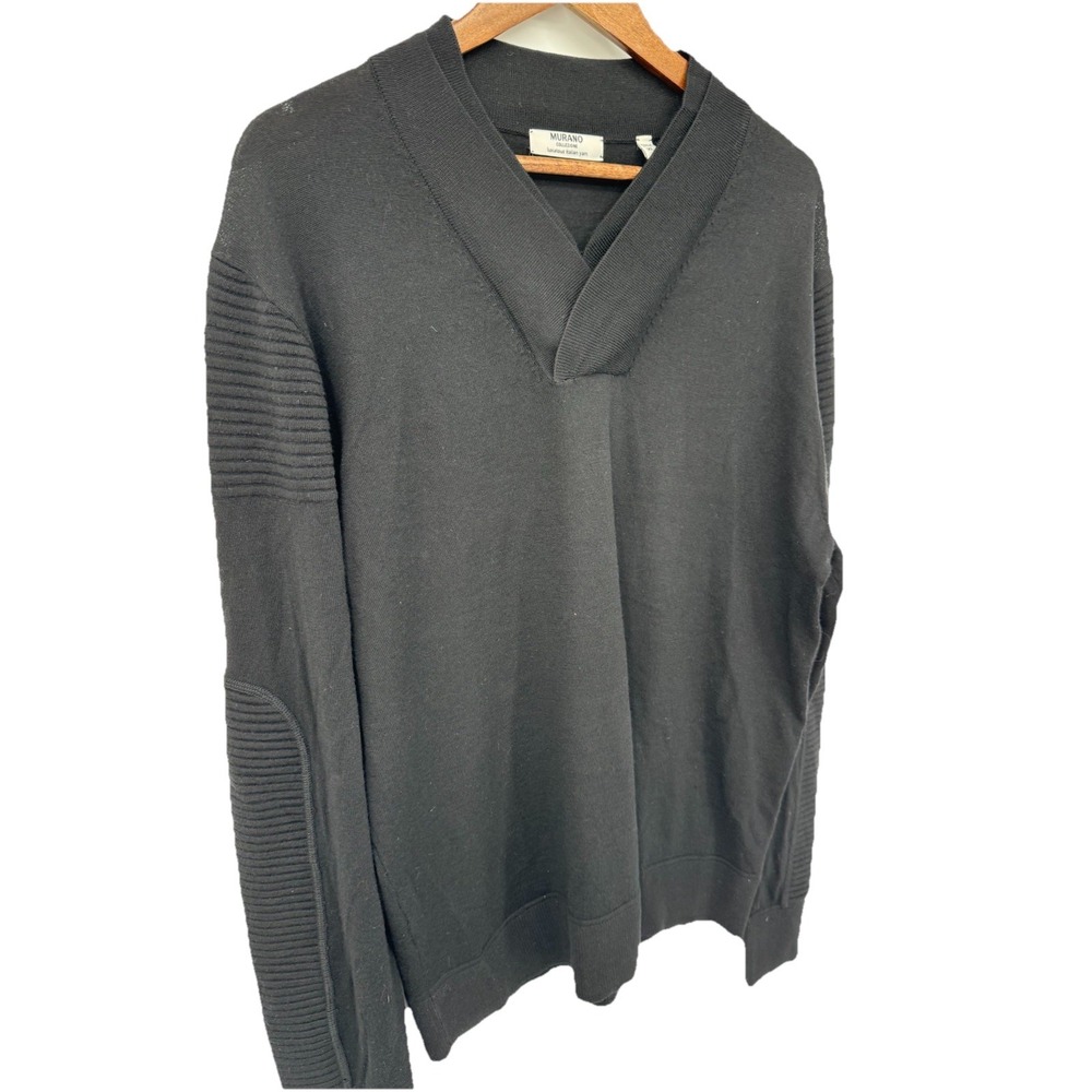 Murano Collezione Mens XL Black 100% Merino Wool Moto Biker Ribbed Panel Sweater